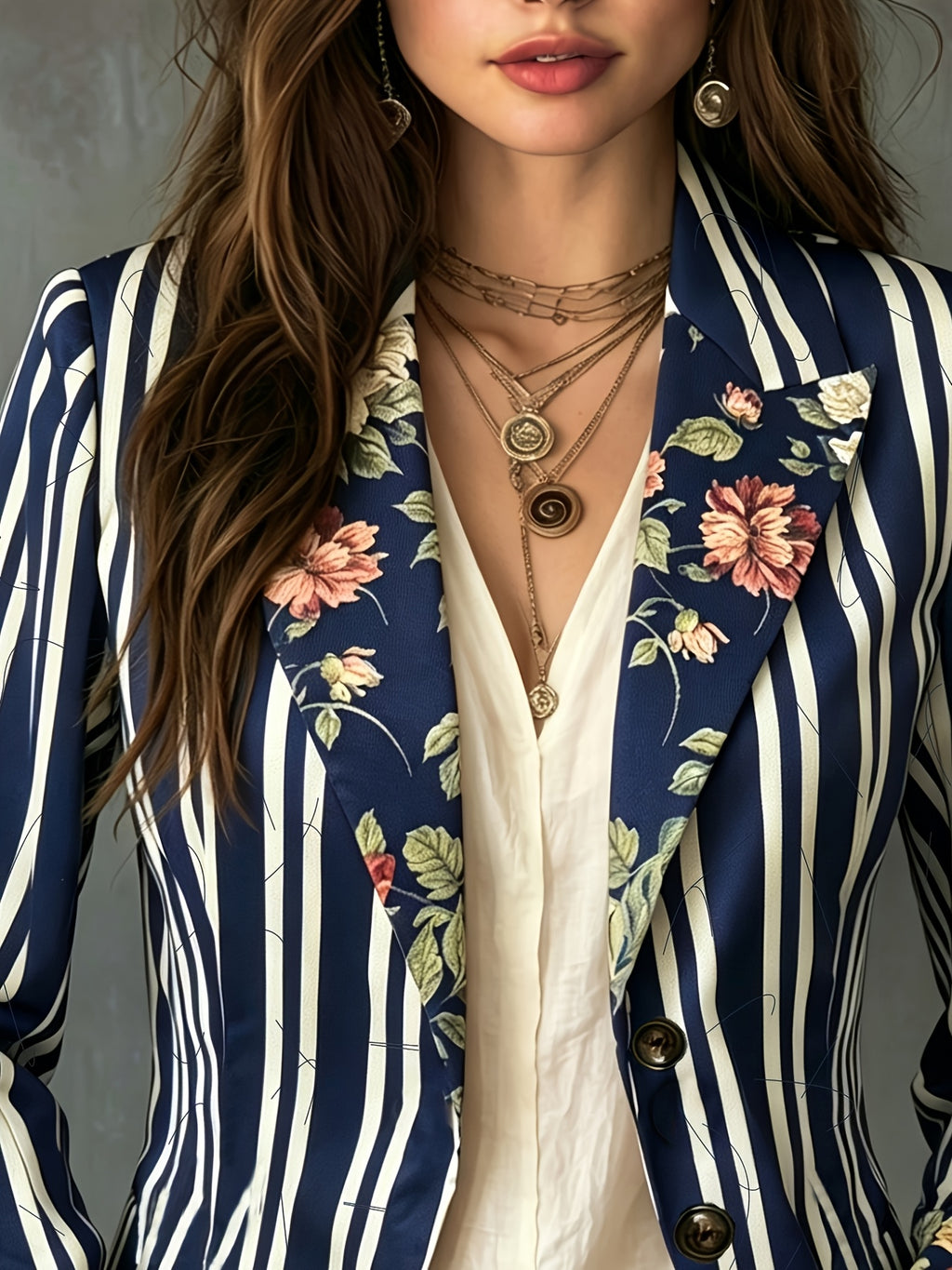 Blue and White Striped Contrast-color Floral Lapel Blazer, Bohemian Style Niche Personality Top, Gavin - Blue And White