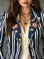 Blue and White Striped Contrast-color Floral Lapel Blazer, Bohemian Style Niche Personality Top, Gavin - Blue And White