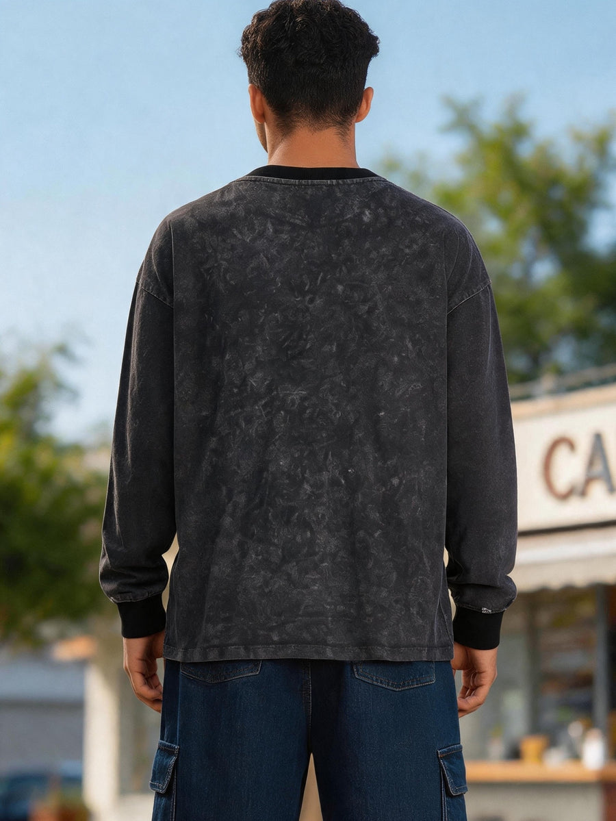 American Retro 3pcs Set Washed Distressed Pure Long Sleeve T-Shirt Loose Casual Unisex Round Neck Base Layer Spring Autumn Couple All-Match Multi-Color Long Sleeve Top - Gray Khaki Black