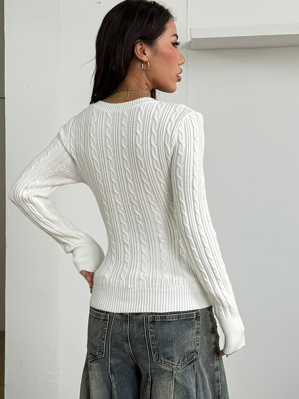 Women'S Spring/Summer Elegant Casual Ribbed V-Neck Long-Sleeved Slim Top - White
