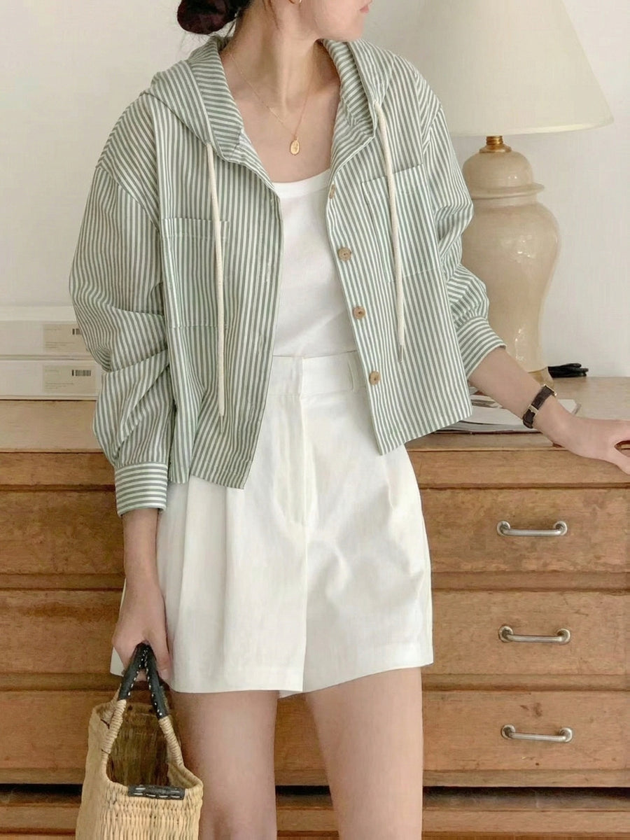 Elegant and Versatile Single-breasted Short Coat, Loose-fitting Vacation Long-sleeve Hooded Shirt for Women - fern green