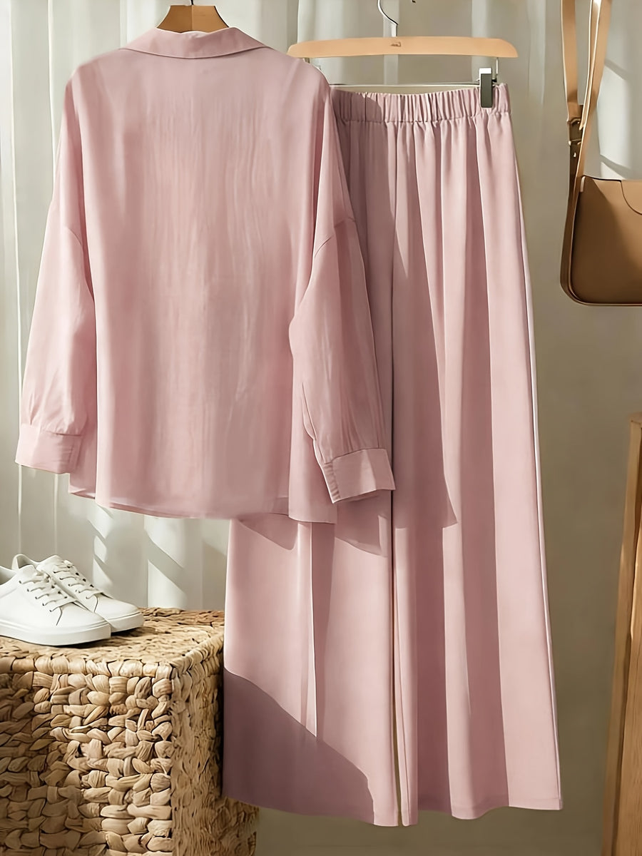 AK260514094 Women's Fashion Commuter Lapel Button- Long Sleeve Shirt and Elastic Waistband Patch Pocket Wide-Leg Long Pants 2pcs Set - pink