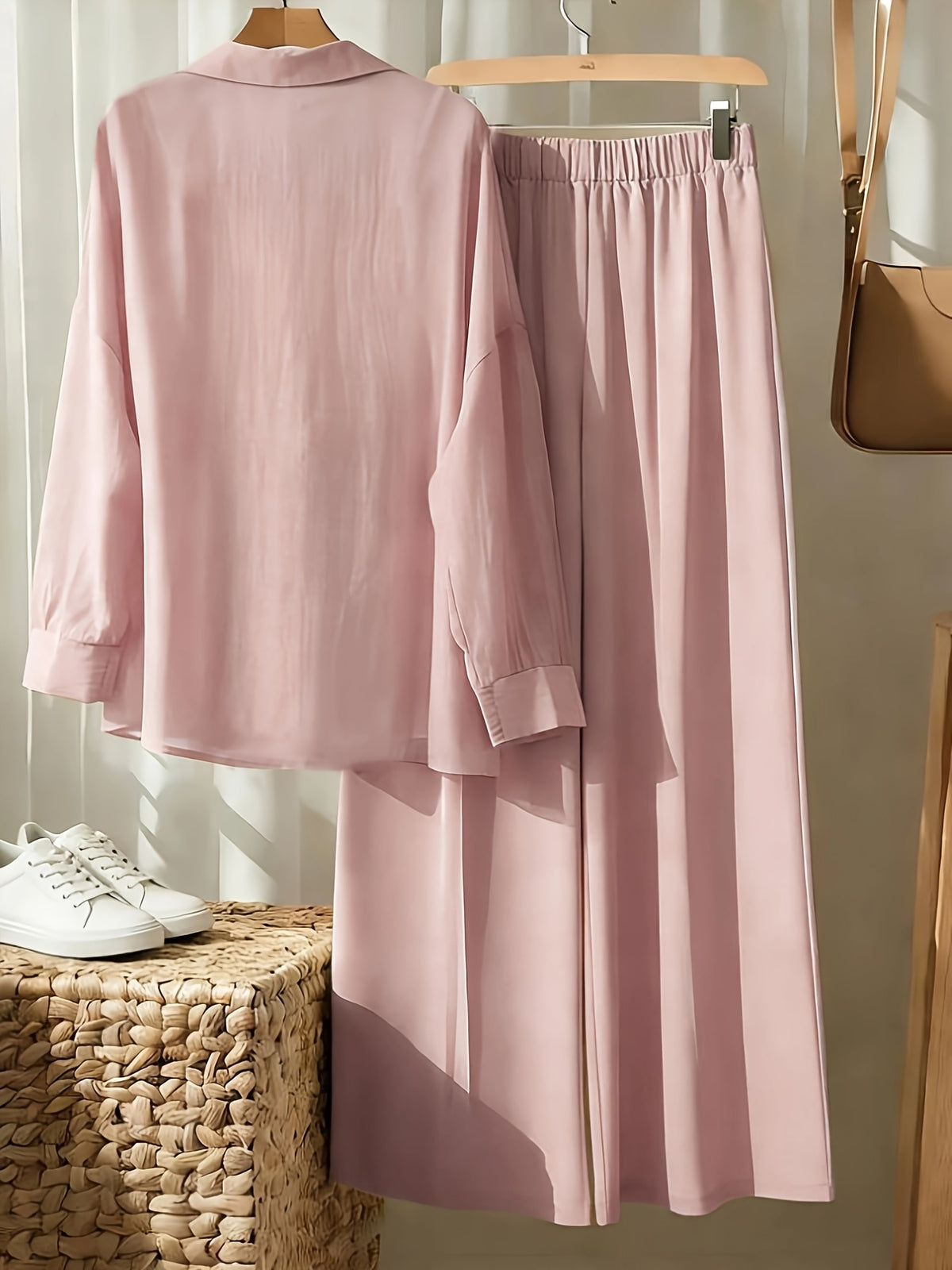 AK260514094 Women's Fashion Commuter Lapel Button- Long Sleeve Shirt and Elastic Waistband Patch Pocket Wide-Leg Long Pants 2pcs Set - pink