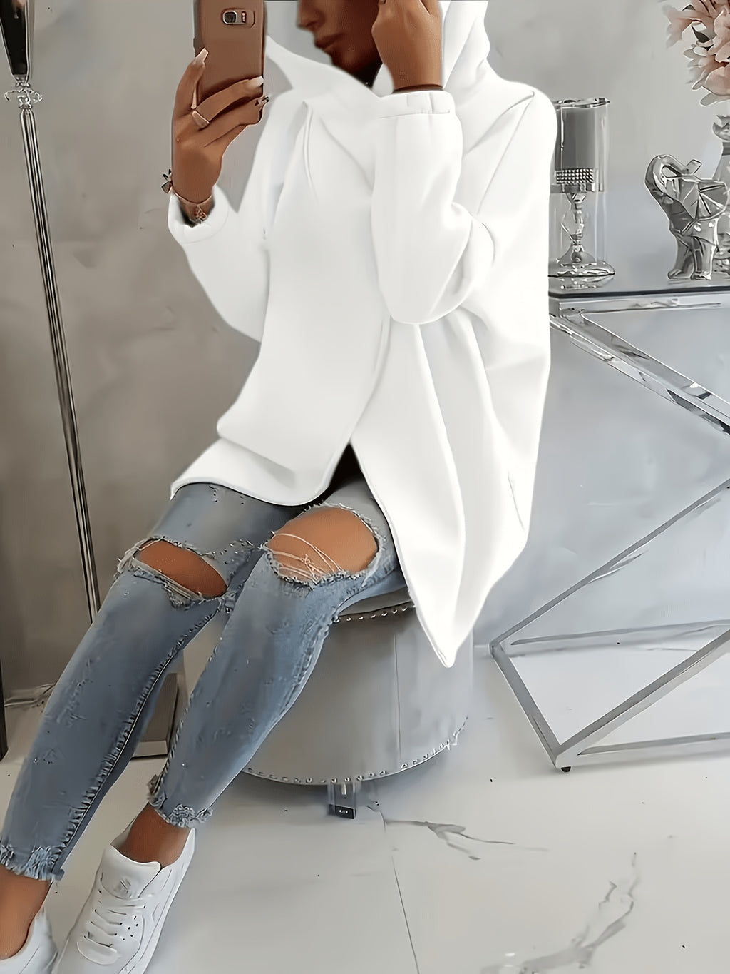 Plus Size, New European and American Women's Plus Size Hooded Sweatshirt with Full Front Zipper, Fashionable Asymmetric Hem Slit, Wide and Comfortable, Breathable, Thick and -Lined, Loose Fit, Long Sleeve, Warm for Autumn and Winter - White