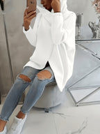 Plus Size, New European and American Women's Plus Size Hooded Sweatshirt with Full Front Zipper, Fashionable Asymmetric Hem Slit, Wide and Comfortable, Breathable, Thick and -Lined, Loose Fit, Long Sleeve, Warm for Autumn and Winter - White