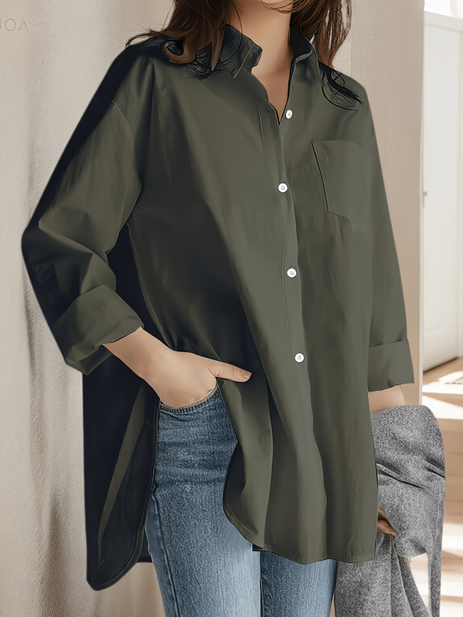 Ladies Loose Holiday Spring Autumn Long Sleeve Office Shirt - Olive Green
