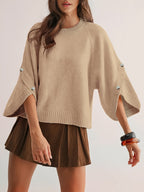Women'S Round Neck Batwing Sleeve Pullover Sweater, Autumn Casual Regular Soft Solid Short Length 3/4 Sleeve Top, Side Slit Button Detail Daily Commute Base Layer (Prefer Loose Fit, Recommended Size Up) - Light Camel