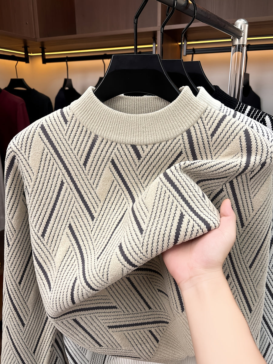Men'S Mid-Length Round Neck Jacquard Sweater Autumn Winter Knit Casual Pullover Warm Top - Beige Apricot