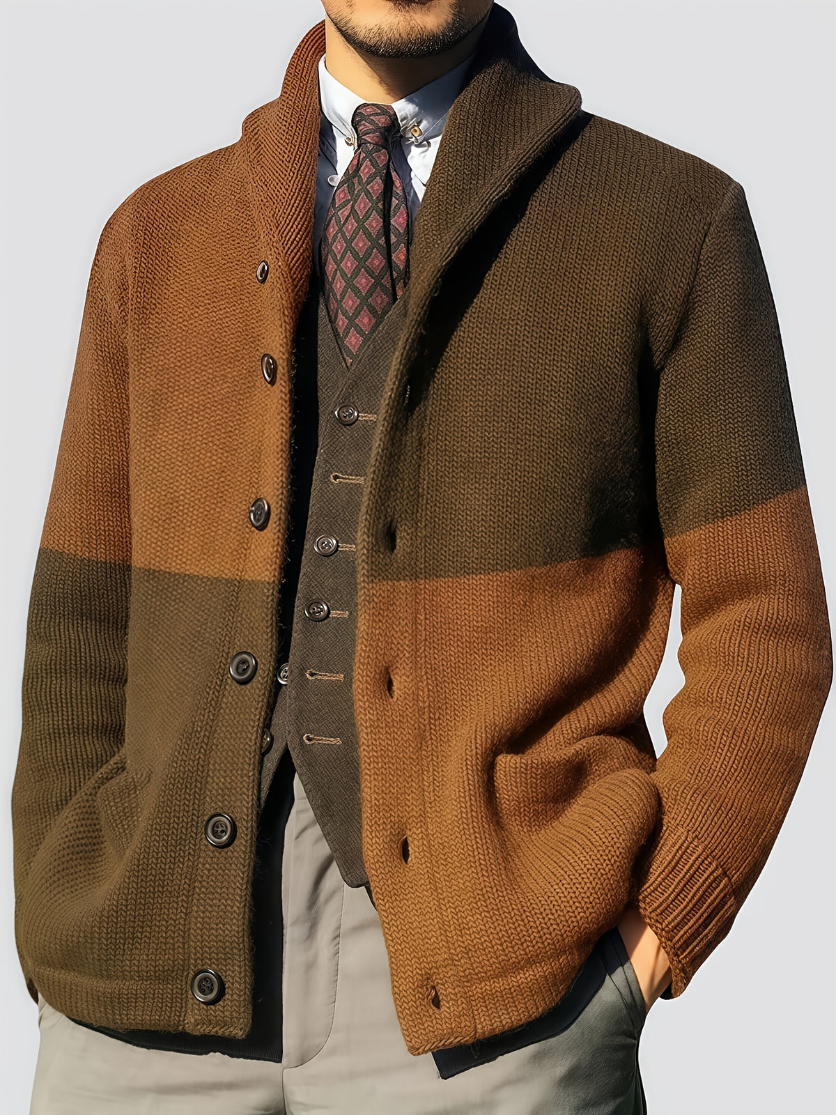 Men'S Elegant Patchwork Lapel Knit Cardigan, Unisex Color-Block Sweater Button-Up Jacket, Fashionable Casual Sweater for Men, Regular Fit for Spring And Autumn - ginger-colored