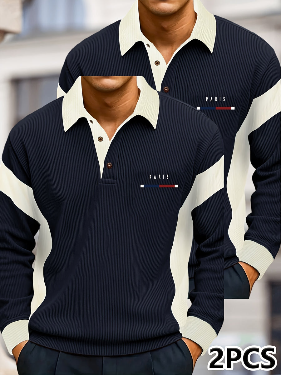 Men's Color-Block Spliced Long-Sleeve Polo Shirt Two-pc, Vertical Stripe Texture, Letter Print Lapel Top, Spring/Autumn Business Casual Versatile 2pcs Men's Sweatshirt Set - Navy + Navy