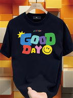 Men's Heavyweight 100% Polyester T-Shirt - Summer Short Sleeve Round Neck Casual Top, Printed with "Good Day" Design and Happy Joyful Face - Korean-Japanese Street Style, Valentine's Day and Father's Day Gift - Black