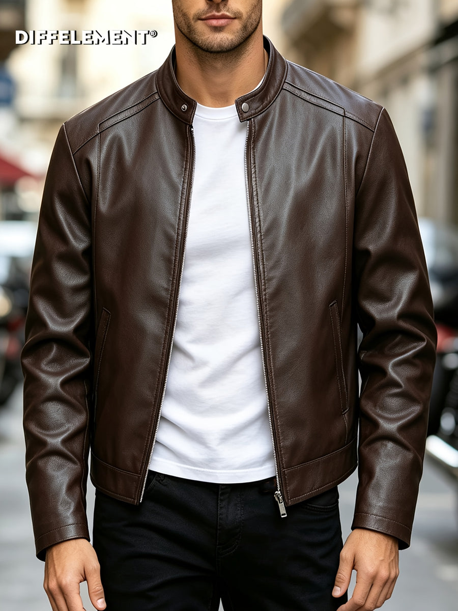 Men's Minimalist Stand-Up Collar Motorcycle Jacket, Windproof, Wear-Resistant, Smooth, Wrinkle-Resistant, Sleek, Slim-Fit, Versatile, Fine Matte Fabric, Classic Stand-Up Collar, Regular Fit, Short Style, Suitable for Urban Outings Winter Clothes - Dark Brown