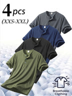 4pcs Men'S Henry Shirt Short Sleeves, Waffle Casual T-Shirts, Breathable Lightweight Summer Tops, Moisture-Wicking Summer Shirts, Gym Training Short-Sleeve Shirts - Black + Matcha Green + Navy Blue + Dark Gray