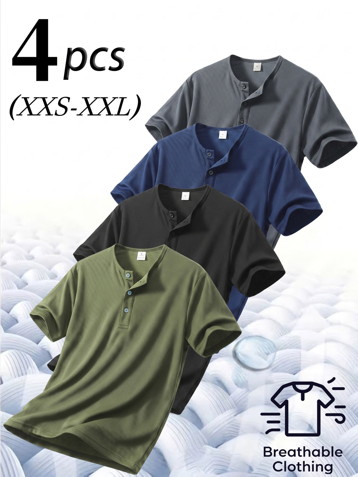 4pcs Men'S Henry Shirt Short Sleeves, Waffle Casual T-Shirts, Breathable Lightweight Summer Tops, Moisture-Wicking Summer Shirts, Gym Training Short-Sleeve Shirts - Black + Matcha Green + Navy Blue + Dark Gray