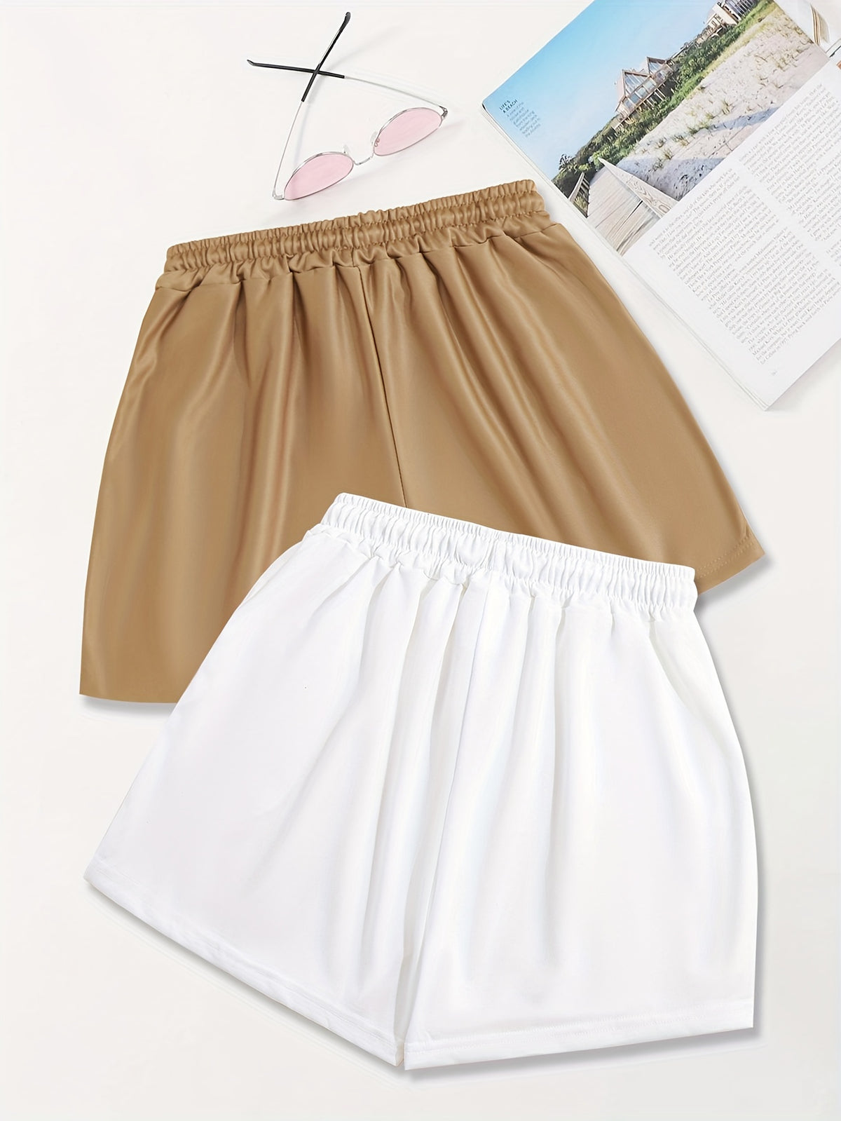 2pcs,Letter Print Drawstring Shorts, Casual Shorts, Women's Clothing - White+Brown