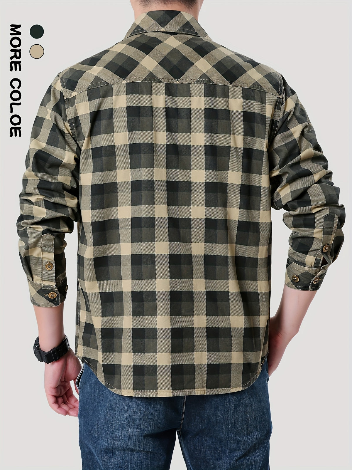 New Men'S Plaid Long-Sleeve Shirt Made of Pure, Washed for a Vintage Look, Lightweight with Double Pockets, Breathable Fabric Suitable for Spring And Autumn, Perfect for Outdoor Leisure - Khaki