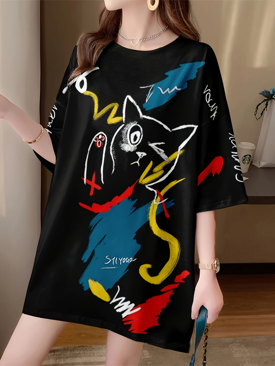 Summer New Fashion Trend Large Size Women'S Slim Loose Medium Long Cartoon Short-Sleeved T-Shirt - Black