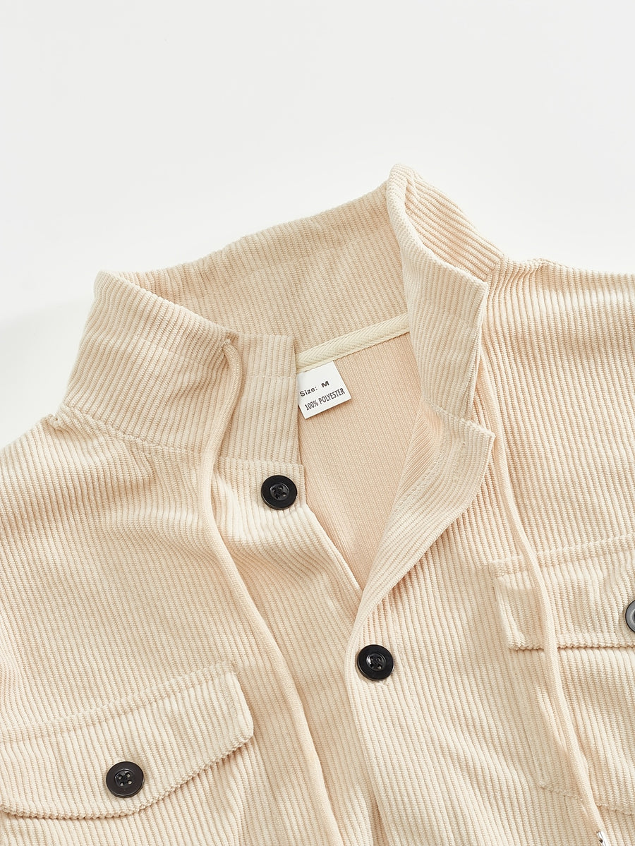Men'S Corduroy Button-Up Shirt with Pocket And Drawstring Detail, Casual Long Sleeve Blouse for Daily Street Style, Gift Idea - Apricot