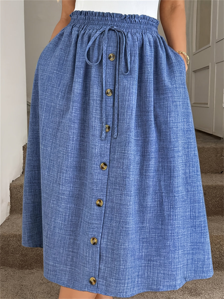 Elegant and Versatile Casual Skirt with Elastic Waist and Button Detail - Blue
