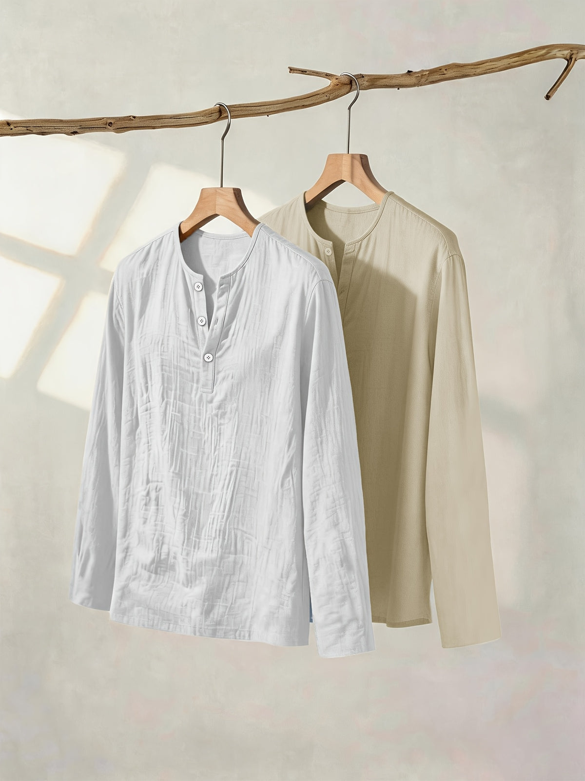 Spring/Autumn New Arrival Men's Cotton-Cotton and Linen Henley Long Sleeve Shirt, 2pcs, Solid Color Casual Top - Light White+Khaki