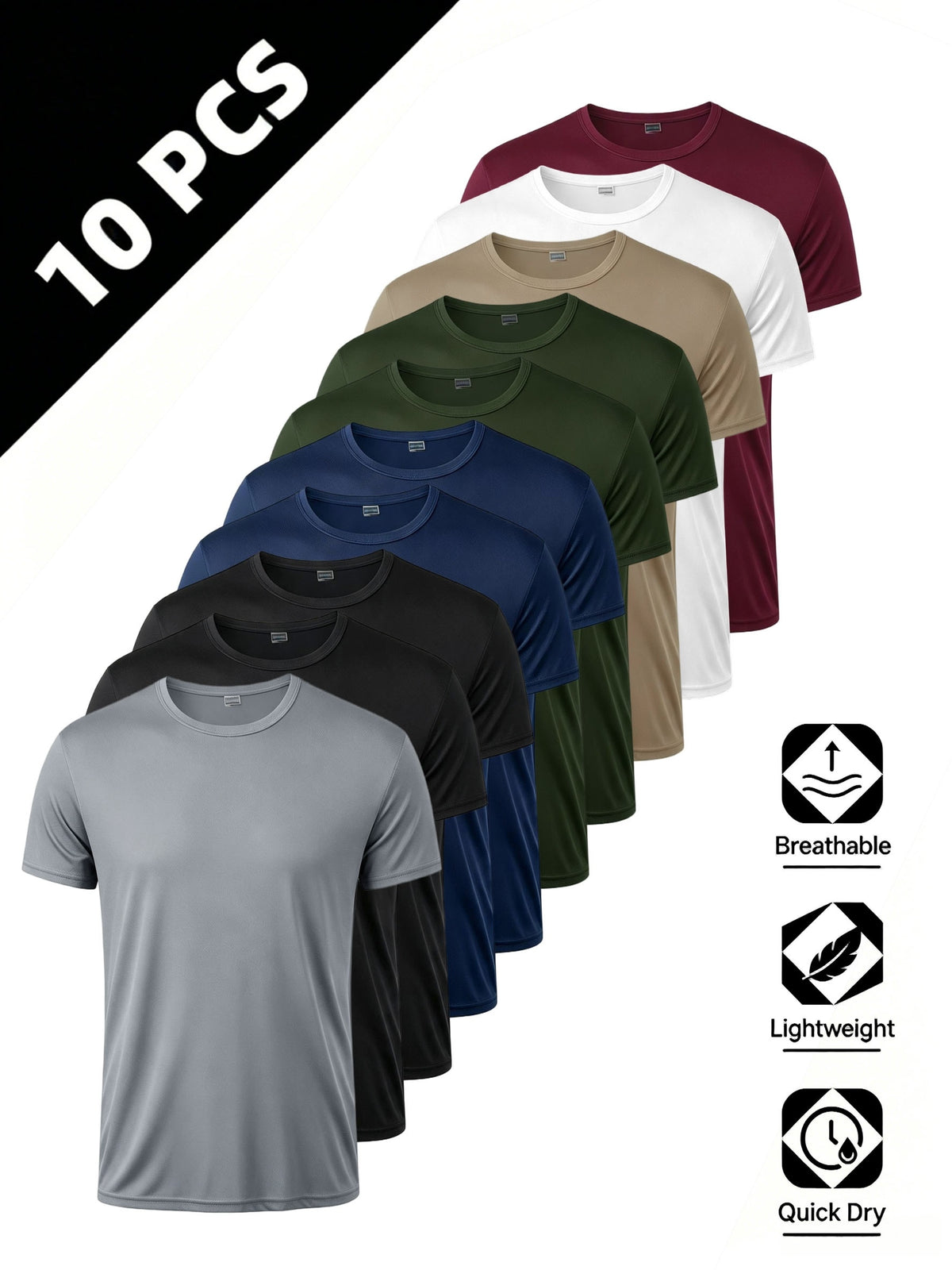 10pcs pc, 2026 New Summer Men'S Breathable Moisture-Wicking Quick-Dry Sailor Collar Short Sleeve T-Shirt, Solid Color Regular Sports Top, Best Gift for Father'S Day - 10 Color Combination2