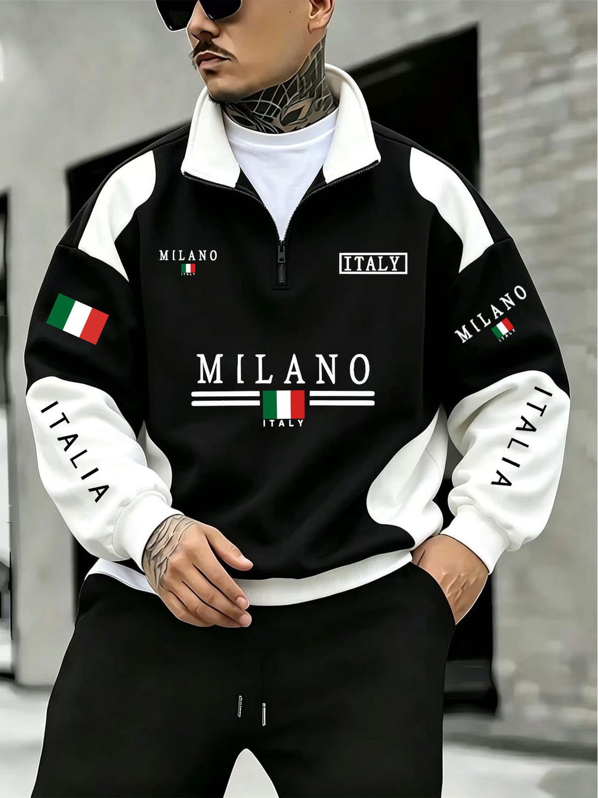 Men'S Individual Multi-Pattern Geometric Print Stand-Collar Sweatshirt, Black And White Contrast Color Patchwork Design, Quarter-Zip with Stand-Collar, Milan Element Sweatshirt - Black