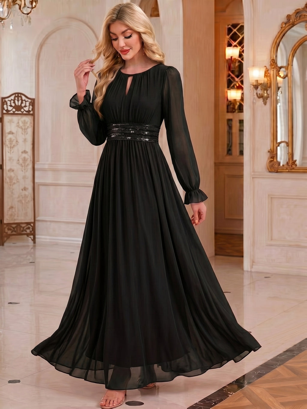 Fashionable Elegant Party Dress, Bridesmaid Dress, Sequined Ruffled Waist, Graceful And Elegant, Suitable for Weddings, Holidays, Afternoon Tea, Valentine'S Day, Wedding Parties - Black