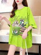 New Summer Collection of Plus-Size Loose-Fitting Stylish Cartoon Print Women'S Mid-Length Short-Sleeve T-Shirts - K136-G