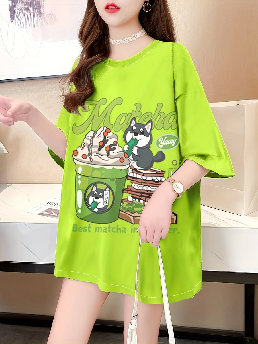 New Summer Collection of Plus-Size Loose-Fitting Stylish Cartoon Print Women'S Mid-Length Short-Sleeve T-Shirts - K136-G
