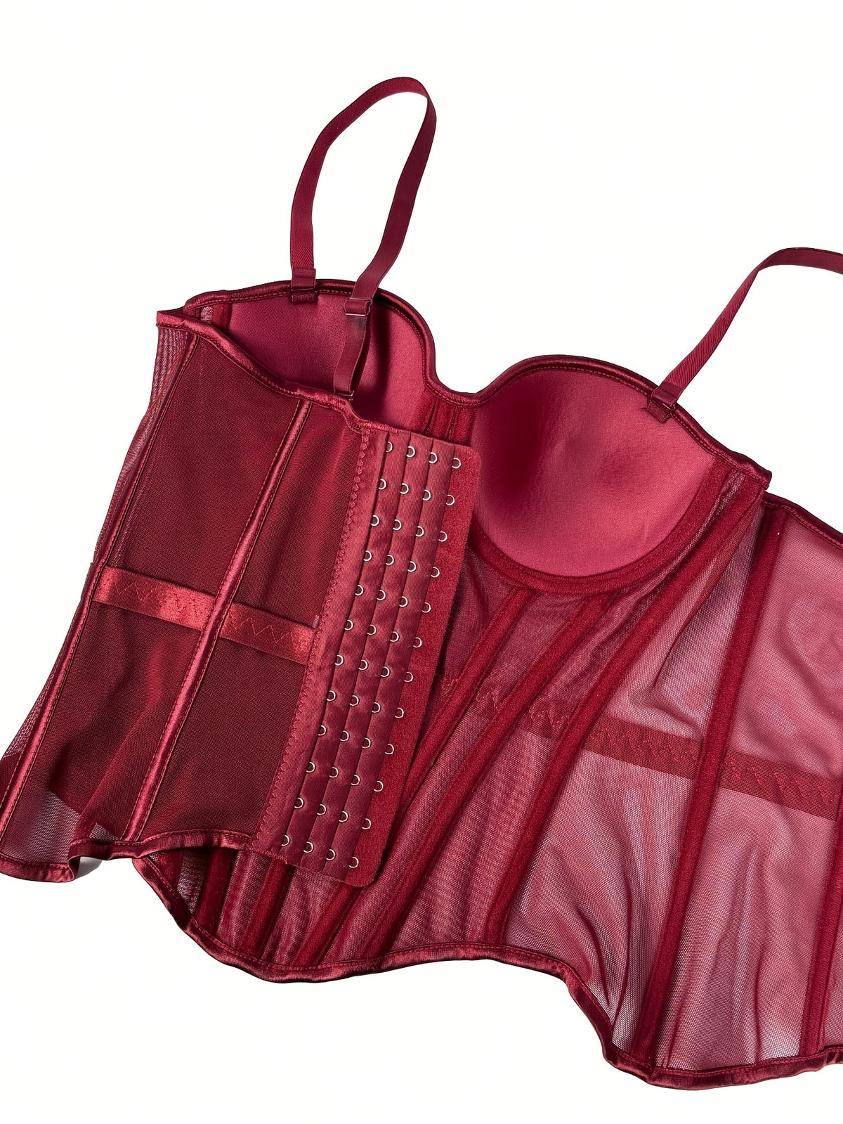 Elegant Mesh Sheer Fishbone Bustier, Tummy Control Shapewear Outerwear Elegant Tight Camisole Top, Stage Performance Strappy Top, Women'S Clothing - Burgundy