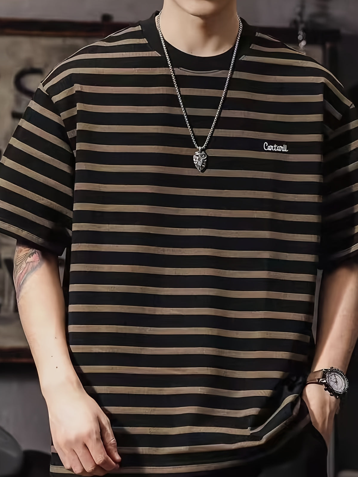 Men'S Casual Loose T-Shirt, Trendy Pattern, Casual Loose T-Shirt for Men, Trendy Retro Fashionable Cool, Suitable for Daily And Formal Wear, Summer Essential Clothing Summer Top, Modern Casual T-Shirt, Smooth Texture Shirt - (Brown)