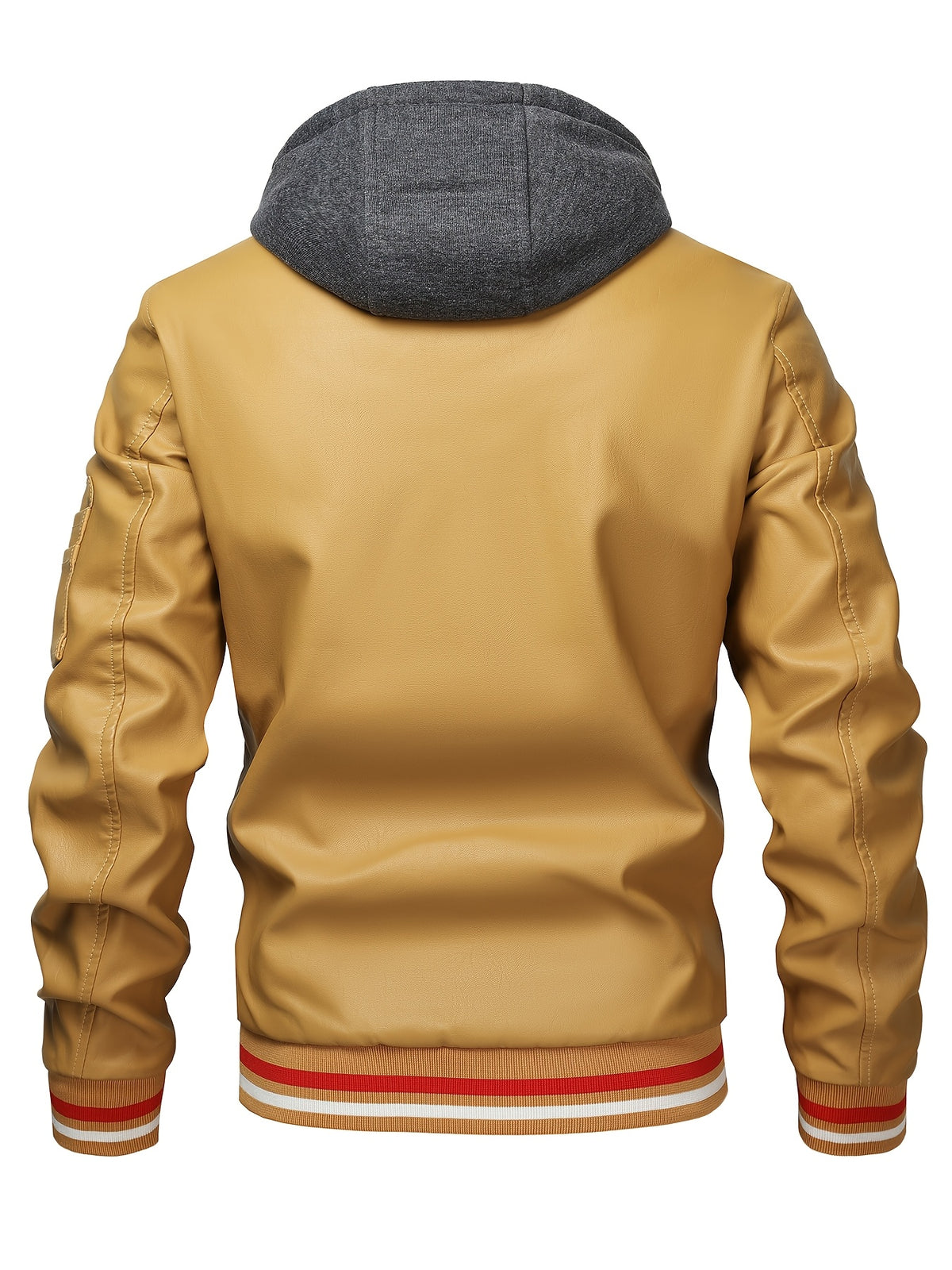 2026 New Best Choice 1pc Men'S Faux Leather Solid Color Hooded Lining Fleece Faux Leather Jacket Metal Zipper Multi-Pocket Design Casual Light Business Style Fall Slim Commute Daily Coat - Yellowish-brown