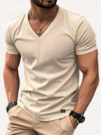 180g 100% Men's V-Neck Short-Sleeve Top, Casual T-Shirt, Solid Color Base Layer, "5-work" Summer All-Season Base Layer, Factory-Made for Men, Comfortable, High Quality, High Fit Rate, Casual Sportswear - Apricot