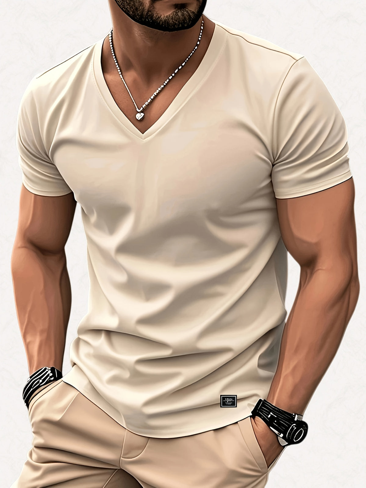 180g 100% Men's V-Neck Short-Sleeve Top, Casual T-Shirt, Solid Color Base Layer, "5-work" Summer All-Season Base Layer, Factory-Made for Men, Comfortable, High Quality, High Fit Rate, Casual Sportswear - Apricot