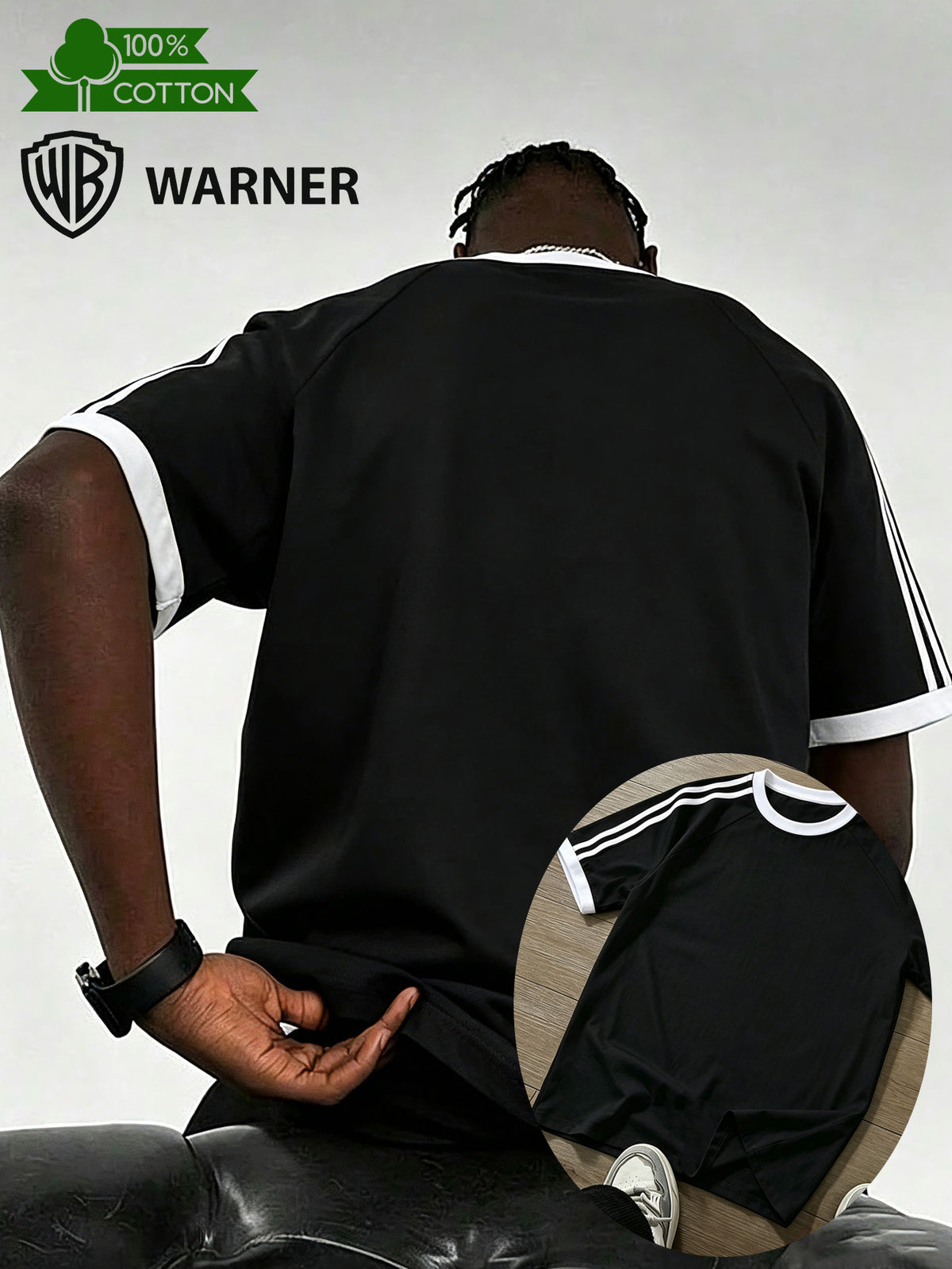 WB Men's Striped Patchwork Casual Short-Sleeve Top with Fun Print, 100% Pure Cotton Fashion Design. Made of Skin-friendly and Breathable Pure Cotton Material, This Versatile Casual Style Is Easy to Wear and Suits Daily Commutes, Parties - Black