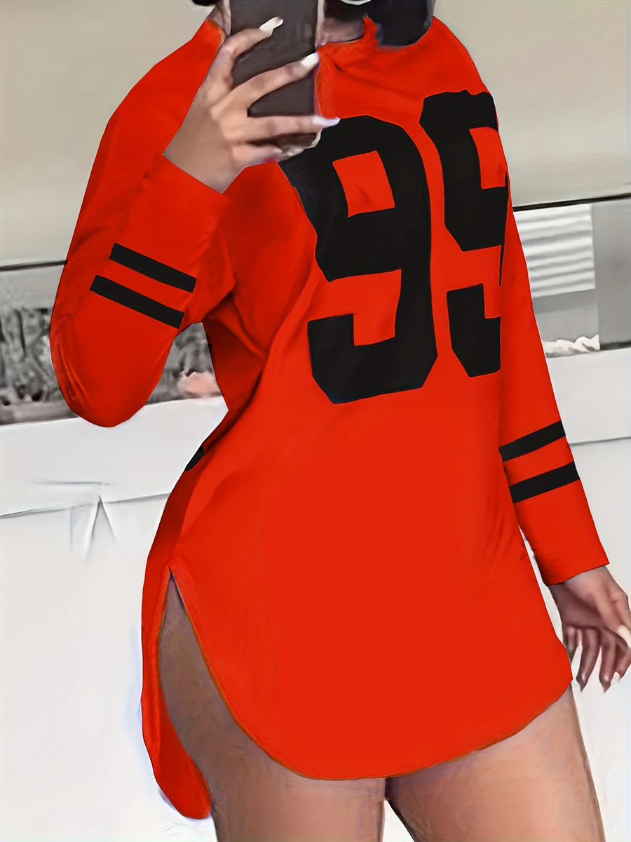 Autumn and Winter New European & American Style Women's "251.46cm Number Print Loose Casual Long Sleeve Top - Red