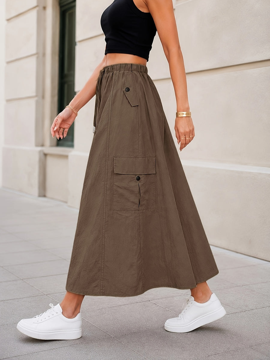 Summer Cargo Half Skirt Women'S Elastic Waist Loose Casual Multi-Pocket Versatile Women'S Long Skirt Quick-Dry Machine Washable A-Line Skirt - Camel