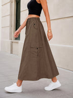 Summer Cargo Half Skirt Women'S Elastic Waist Loose Casual Multi-Pocket Versatile Women'S Long Skirt Quick-Dry Machine Washable A-Line Skirt - Camel