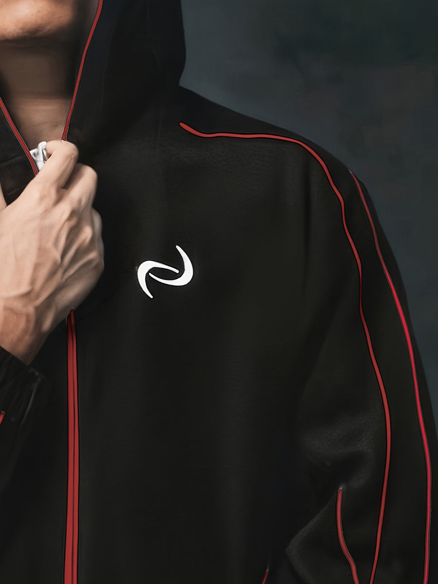 Men'S Casual Contrast Striped Jacket, Hooded Zip-Up. Comfortable Fit, Fashionable Jacket Coat - Black&Red
