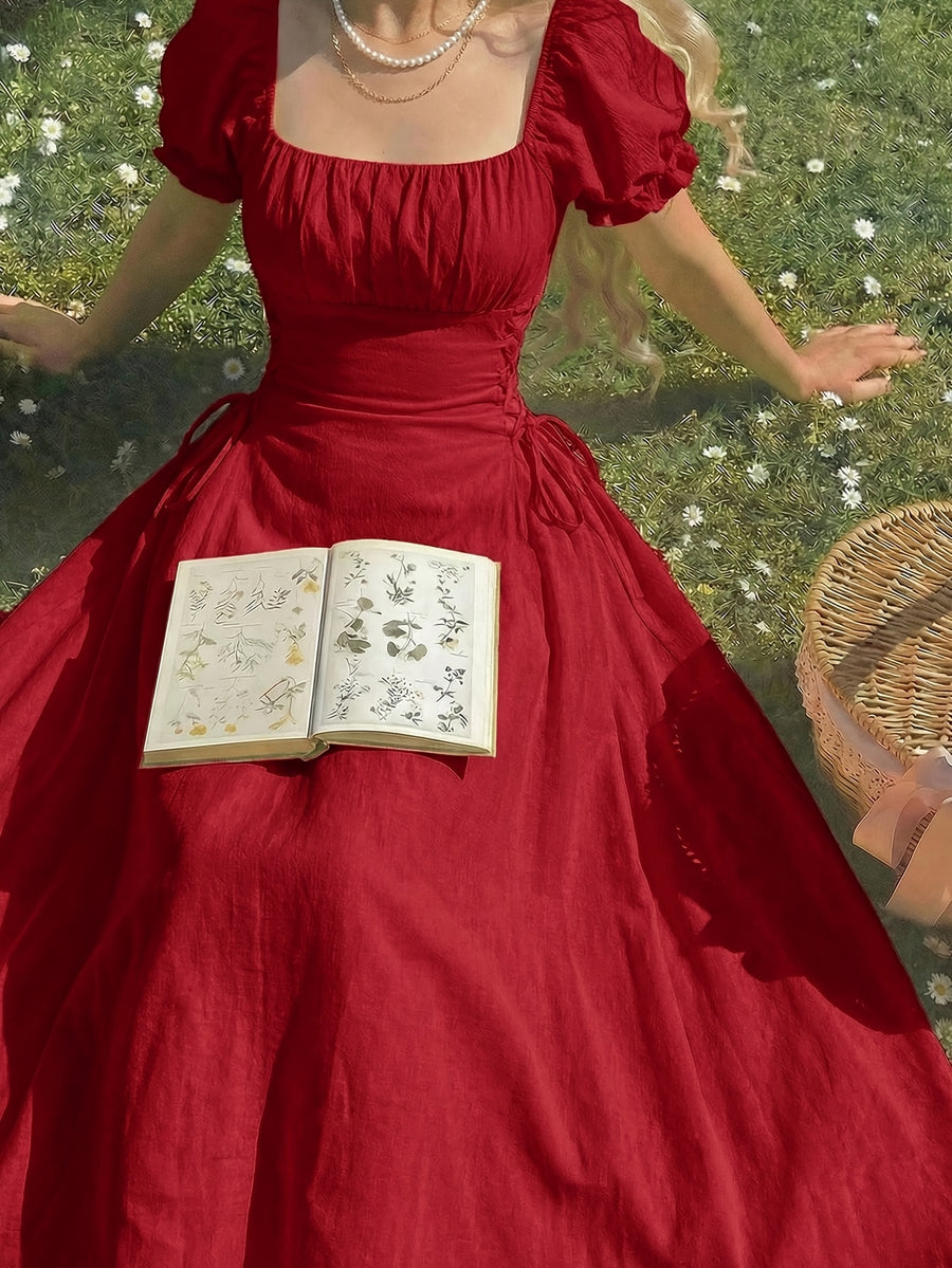 8022 French-Style Sweet and Elegant Women's Solid Color Waist-Cinching Short-Sleeve Dress - Red