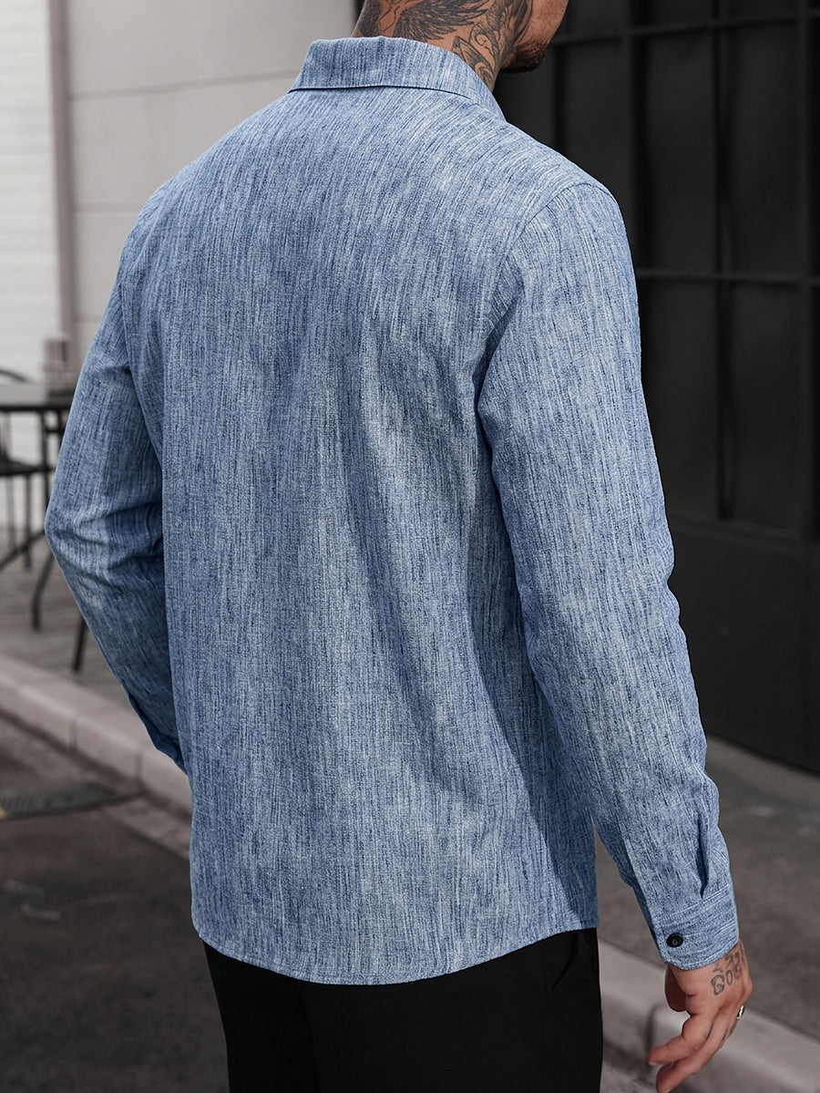 Men's Guayabera Long Sleeve Shirt, -Look Lapel Collar Multi-Pocket Workwear Long Sleeve Shirt, Casual Breathable Cuban Style for Daily Outdoor Wear - Navy Color