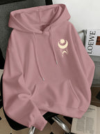Women'S Fashion Starry Moon Print Casual Hooded Sweatshirt - Dark Pink