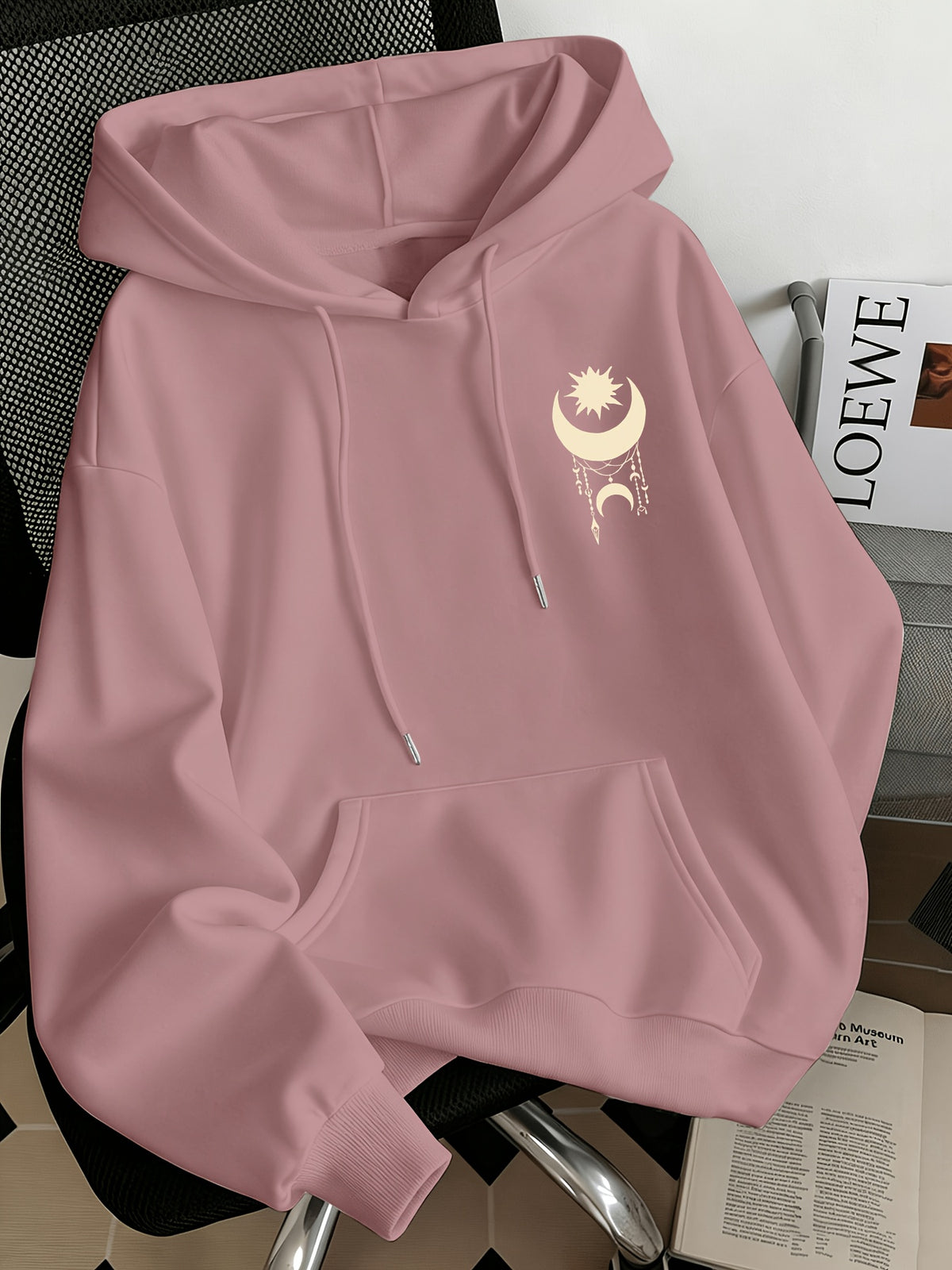 Women'S Fashion Starry Moon Print Casual Hooded Sweatshirt - Dark Pink