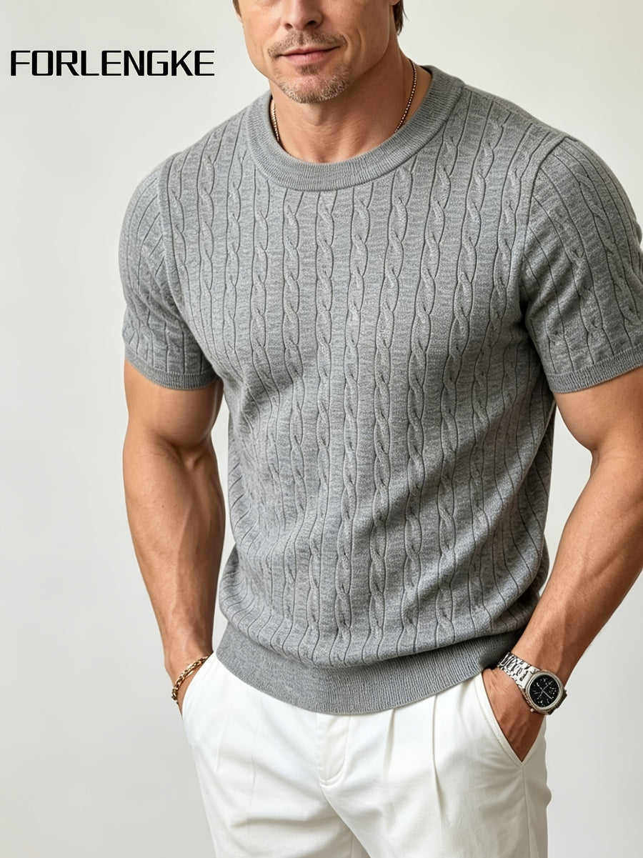 FORLENGKE Men's Summer Relaxed Holiday Style Cable Knit Crew Neck Short Sleeve T-Shirt, Soft Skin-Friendly Wrinkle-Resistant Fabric, Ideal for Summer Seaside Vacations, Market Strolls, Coffee Breaks, Short Road Trips, Friend Gatherings, and Holiday - Light Grey