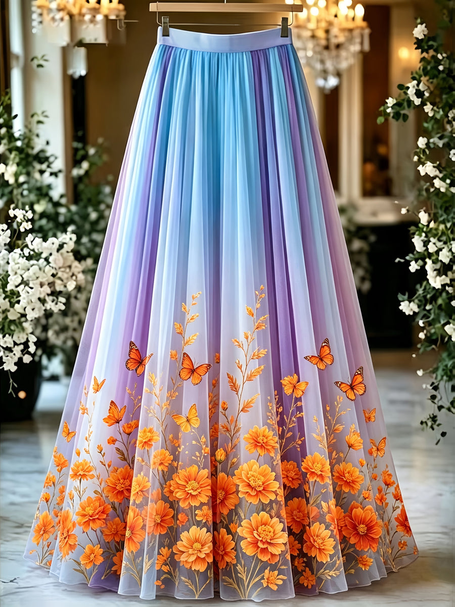 Mesh Printed Skirt Suitable for Formal And Semi-Formal Banquets, Weddings, Guests, Parties, Dresses, Wearable in All Seasons - Blue