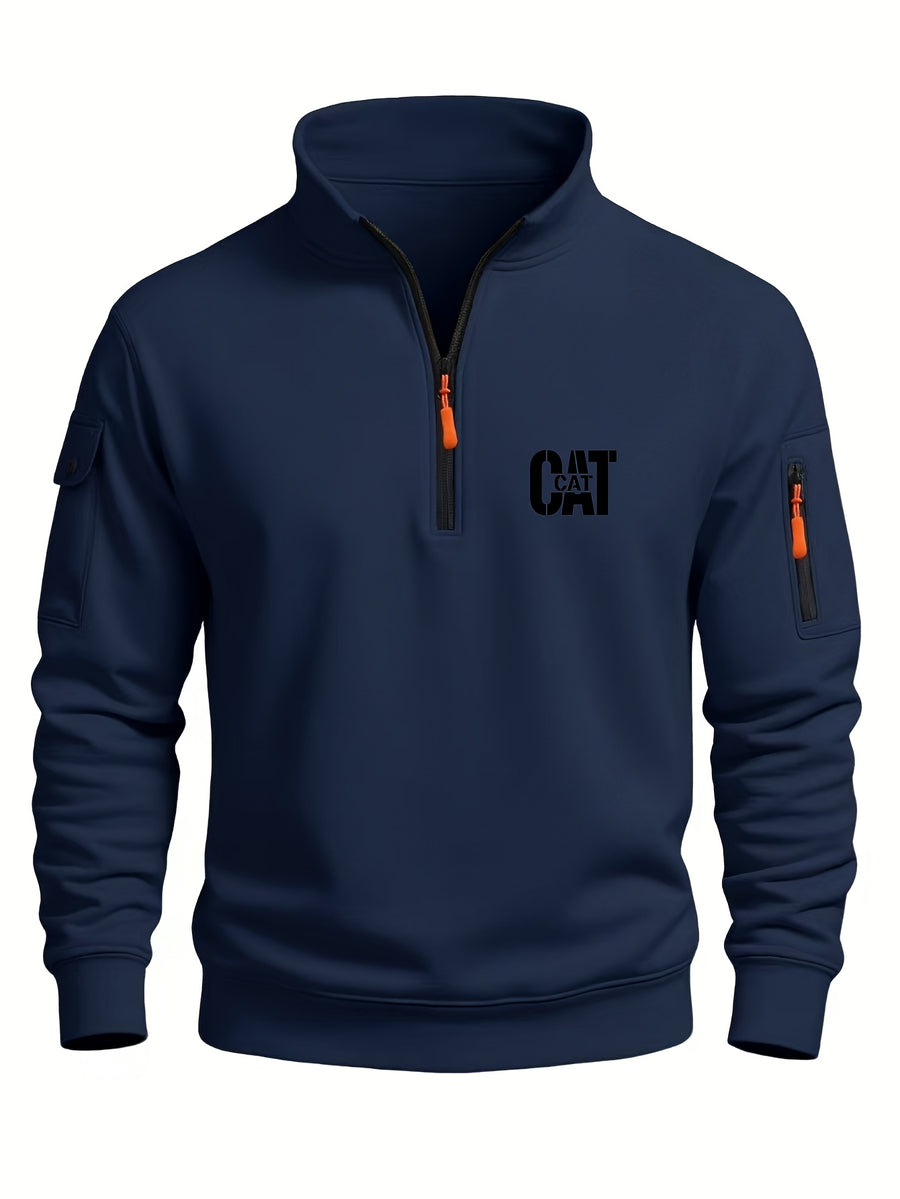 Spring and Autumn Men's Half-Zip Sweatshirt with Print, Loose Fit, Stand-Up Collar, Casual Sport Pullover - Navy Blue 2