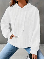 Women's Autumn/Winter Waffle Hooded Long-Sleeve Solid Color Sweatshirt - Ivory White