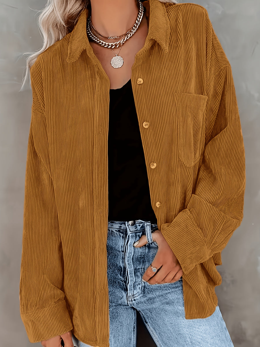 Corduroy Polo Collar Button-Up Casual Long Sleeve Shirt - Khaki