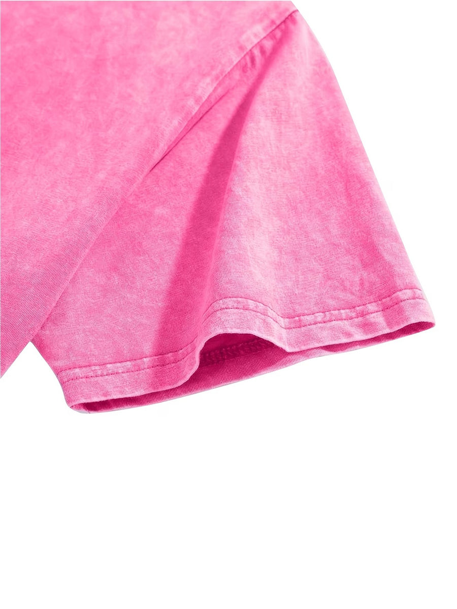 By Warner, This Men's Short-sleeved T-shirt Features a Classic and Fun Interactive Cartoon Print Design, with an American Retro Washed-out Style. It Is Suitable for Outdoor Activities and Daily Commuting, and Can Be Machine Washed. - Rose Red
