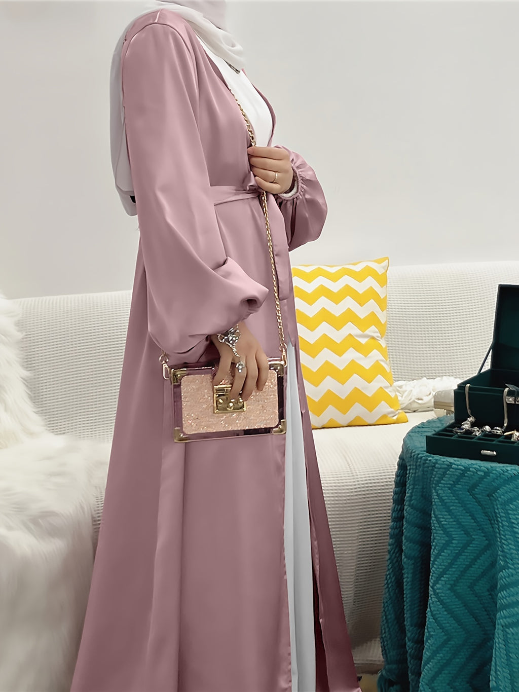 Cross-Border Muslim Women's Satin Bubble Sleeve Robe, Elegant Dubai Middle East Cardigan - Pale Pinkish Gray